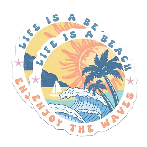(2 Pack) Life is A Beach Stickers - Enjoy The Waves Stickers - Beach Vibes Decals - Summer Ocean Stickers - 5" On Longest Side - Sticks to Smooth Flat Surfaces - Made in USA - BMCS6992