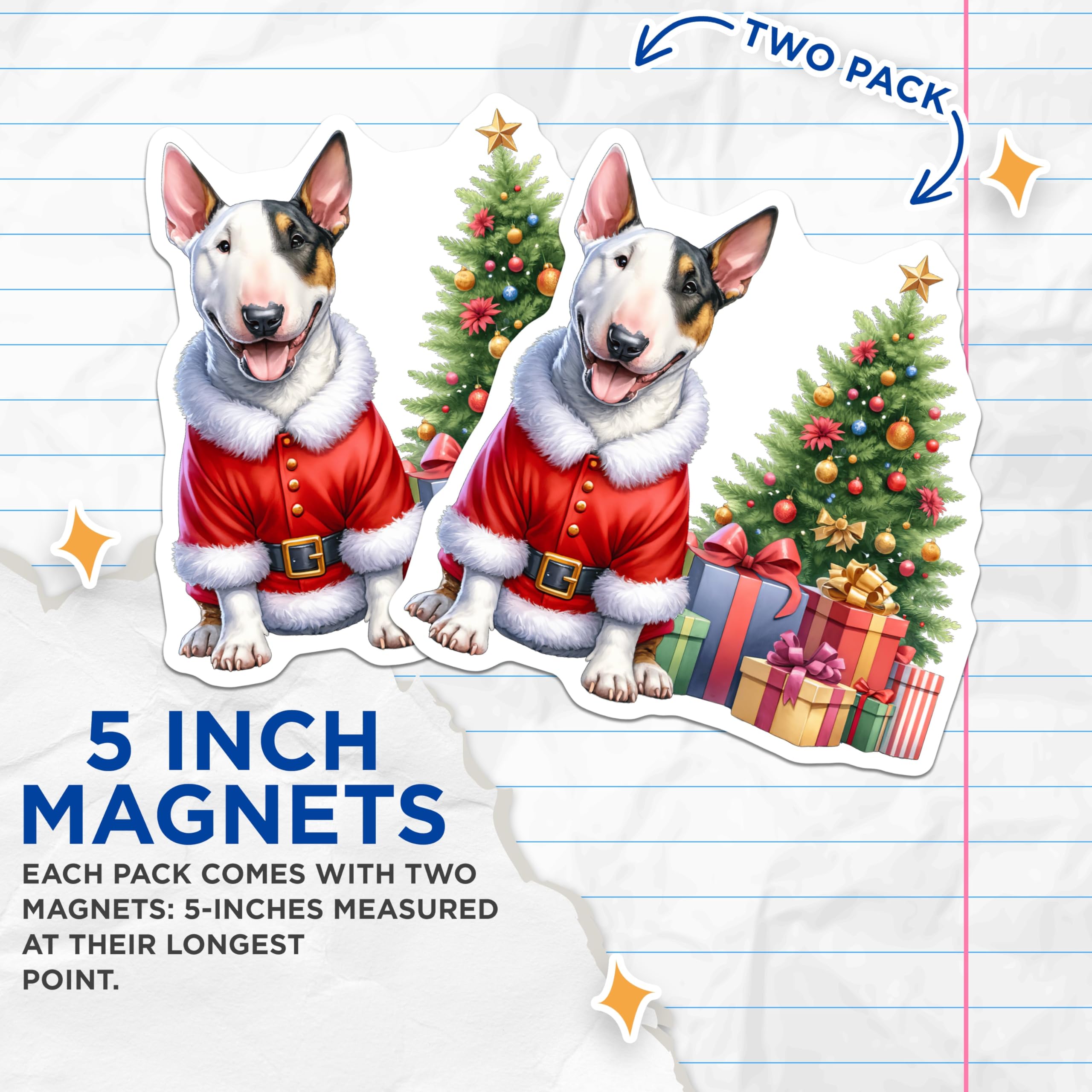 (2 Pack) Bull Terrier Santa Magnets - Christmas Dog Decor - Holiday Pet Lover Gift - 5 Inches On Longest Side - Thick Durable Magnet - Made in USA - MAG26728