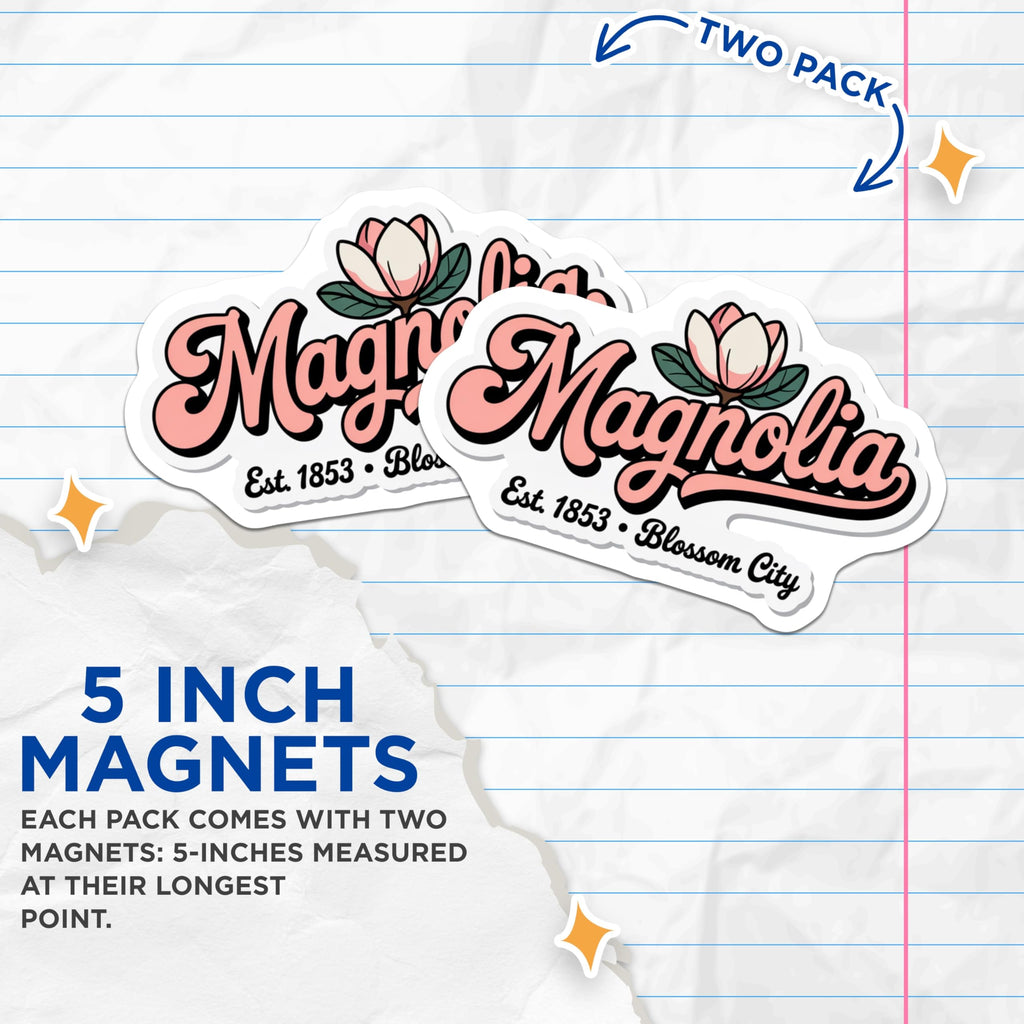 (2 Pack) Magnolia Flower Magnets - Blossom City - Pink Floral Fridge Magnets - 5" On Longest Side - Premium Magnet - for Cars, Refrigerators, Toolboxes, Lockers - Made in USA - MAG18865