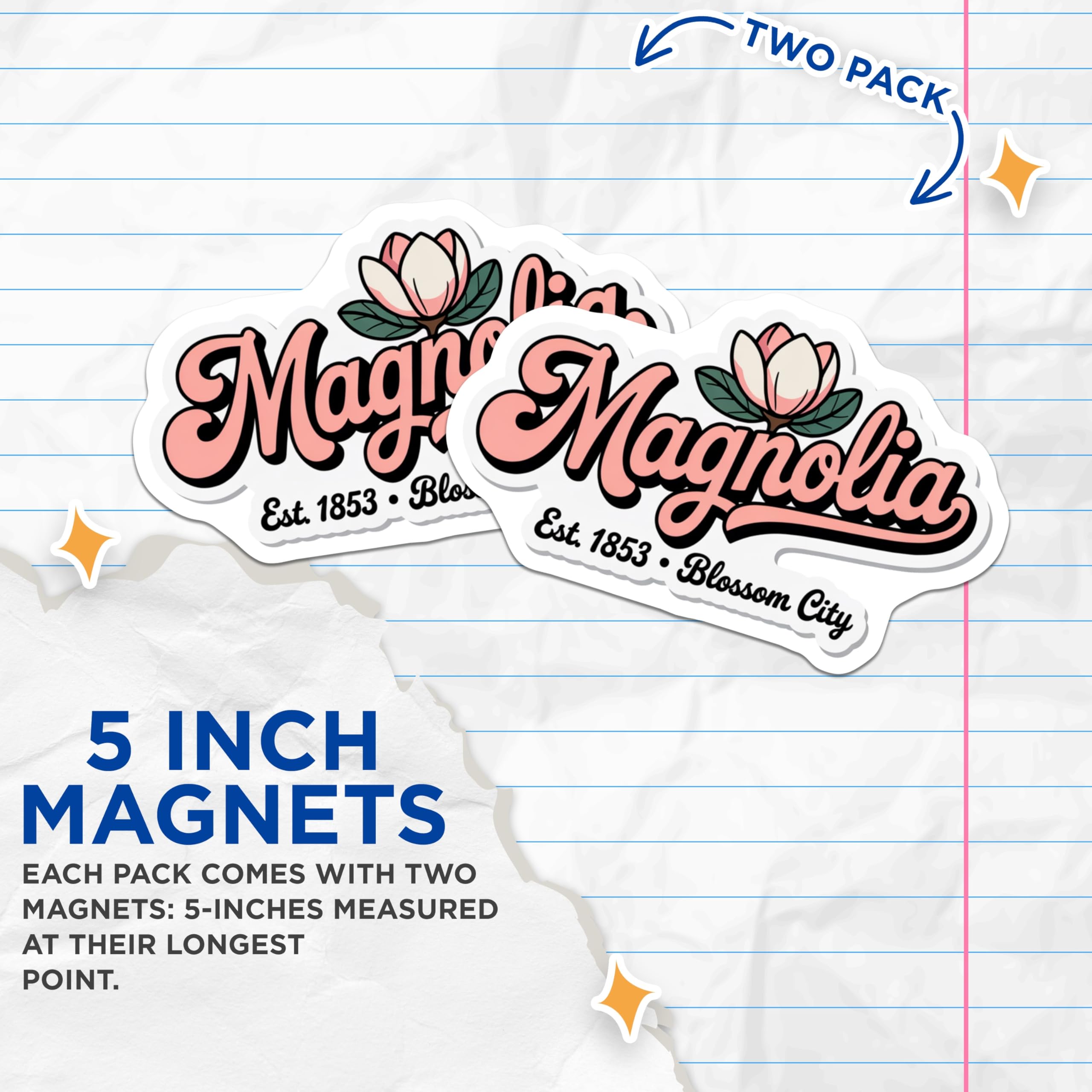 (2 Pack) Magnolia Flower Magnets - Blossom City - Pink Floral Fridge Magnets - 5" On Longest Side - Premium Magnet - for Cars, Refrigerators, Toolboxes, Lockers - Made in USA - MAG18865