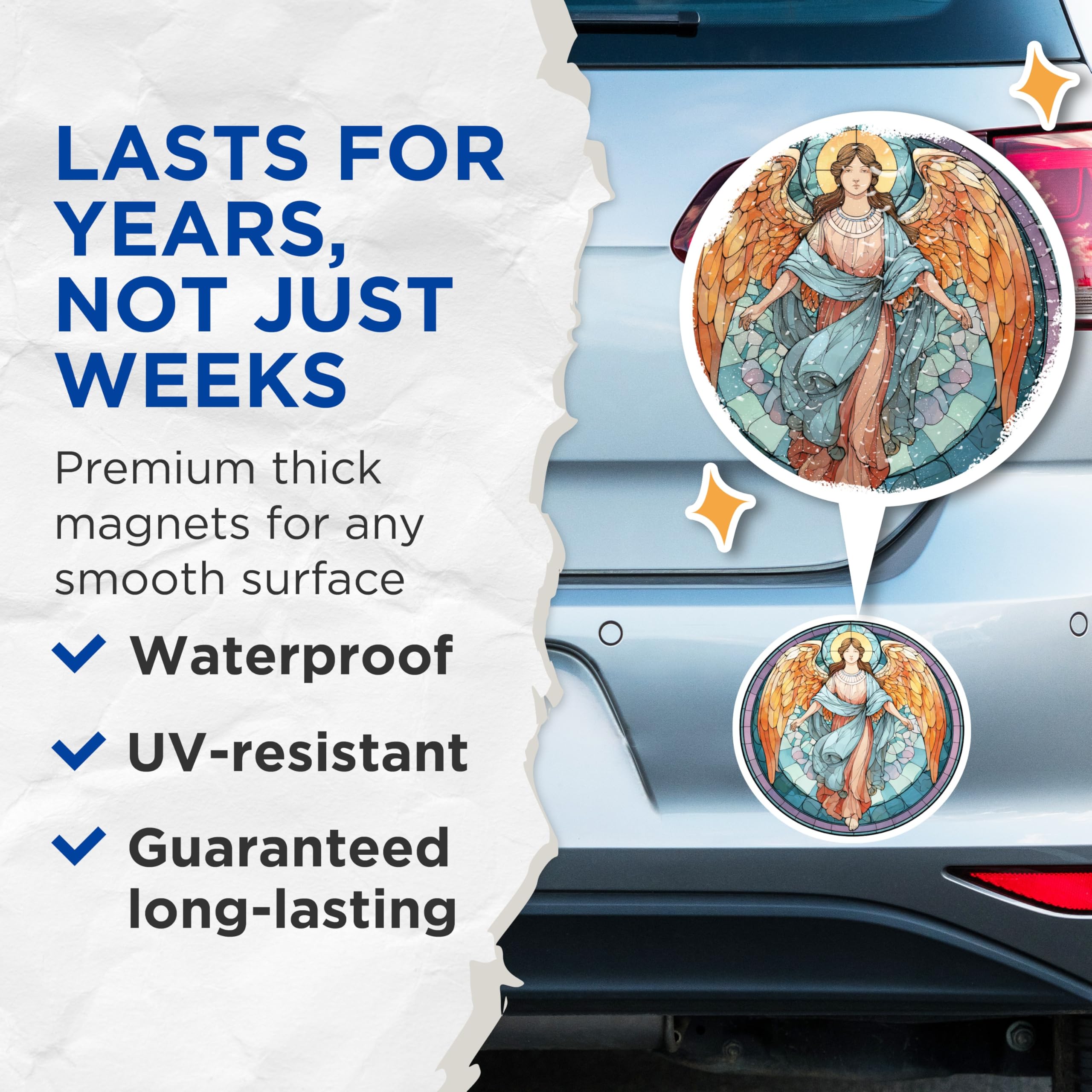 (2 Pack) Angel Magnets - Stained Glass Decor - Religious Kitchen Accessories - 5" On Longest Side - Premium Magnet - for Cars, Refrigerators, Toolboxes, Lockers - Made in USA - MAG14673