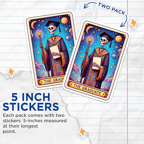 (2 Pack) The Graduate Stickers - Skeleton Astronaut Stickers - Tarot Card Stickers - 5" On Longest Side - Sticks to Smooth Flat Surfaces - Made in USA - BMCS5420