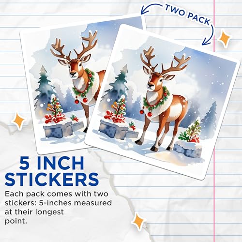 (2 Pack) Christmas Reindeer Stickers - Holiday Decoration - Winter Wonderland Scene Sticker - 5" On Longest Side - Sticks to Smooth Flat Surfaces - Made in USA - BMCS8707