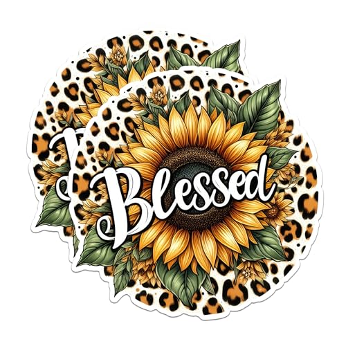 (2 Pack) Blessed Sunflower Stickers - Leopard Print Floral - Inspirational Quote - 5" On Longest Side - Sticks to Any Smooth Flat Surface - Made in USA - BMCS2908