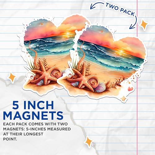 (2 Pack) Beach Sunset Magnets - Starfish Shell Magnets - Coastal Beach Decor Magnets- 5" On Longest Side - for Fridges, Toolboxes, Cars - Made in USA - MAG2854
