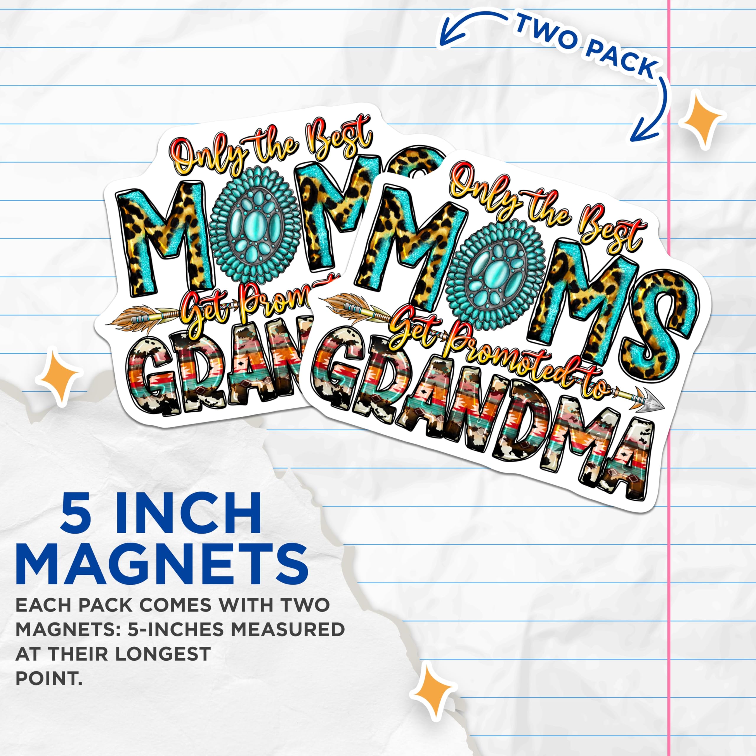 (2 Pack) Promoted to Grandma Magnets - New Grandparent Announcement - Western Style Turquoise Decor - 5 Inches On Longest Side - Thick Durable Magnet - Made in USA - MAG30112