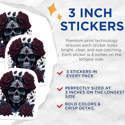 (3 Pack) Sugar Skull Decals - Day of The Dead Decal - Floral Skull Laptop Decals - 3 Inches On Longest Side - Easy Peel & Apply - Made in USA - 3MCS1173