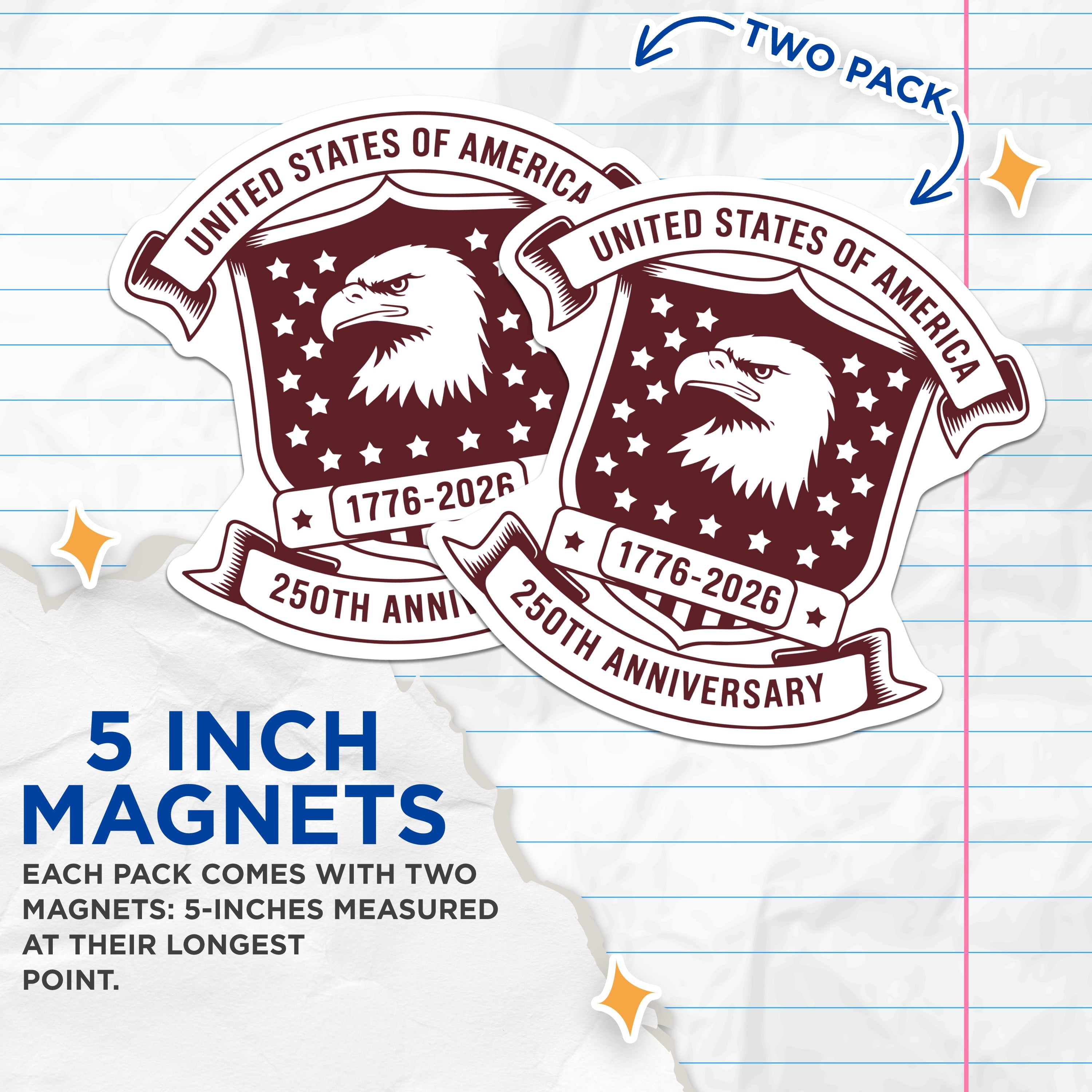 (2 Pack) USA 250th Anniversary Magnets - American Patriotic Eagle Emblem - 1776-2026 Commemorative Decor - 5 Inches On Longest Side - Thick Durable Magnet - Made in USA - MAG36730