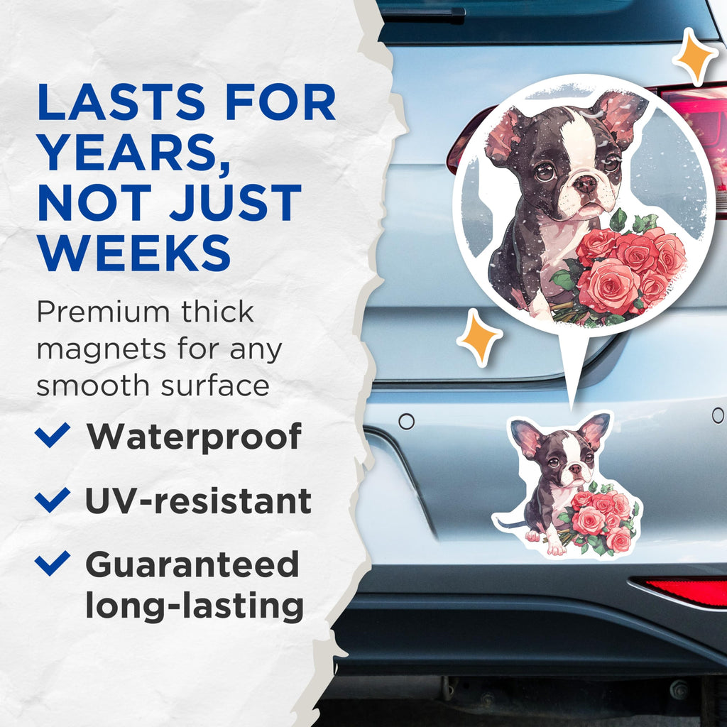 (2 Pack) Boston Terrier Magnets - Dog with Roses - Cute Animal Fridge Magnets - 5" On Longest Side - Premium Magnet - for Cars, Refrigerators, Toolboxes, Lockers - Made in USA - MAG16652