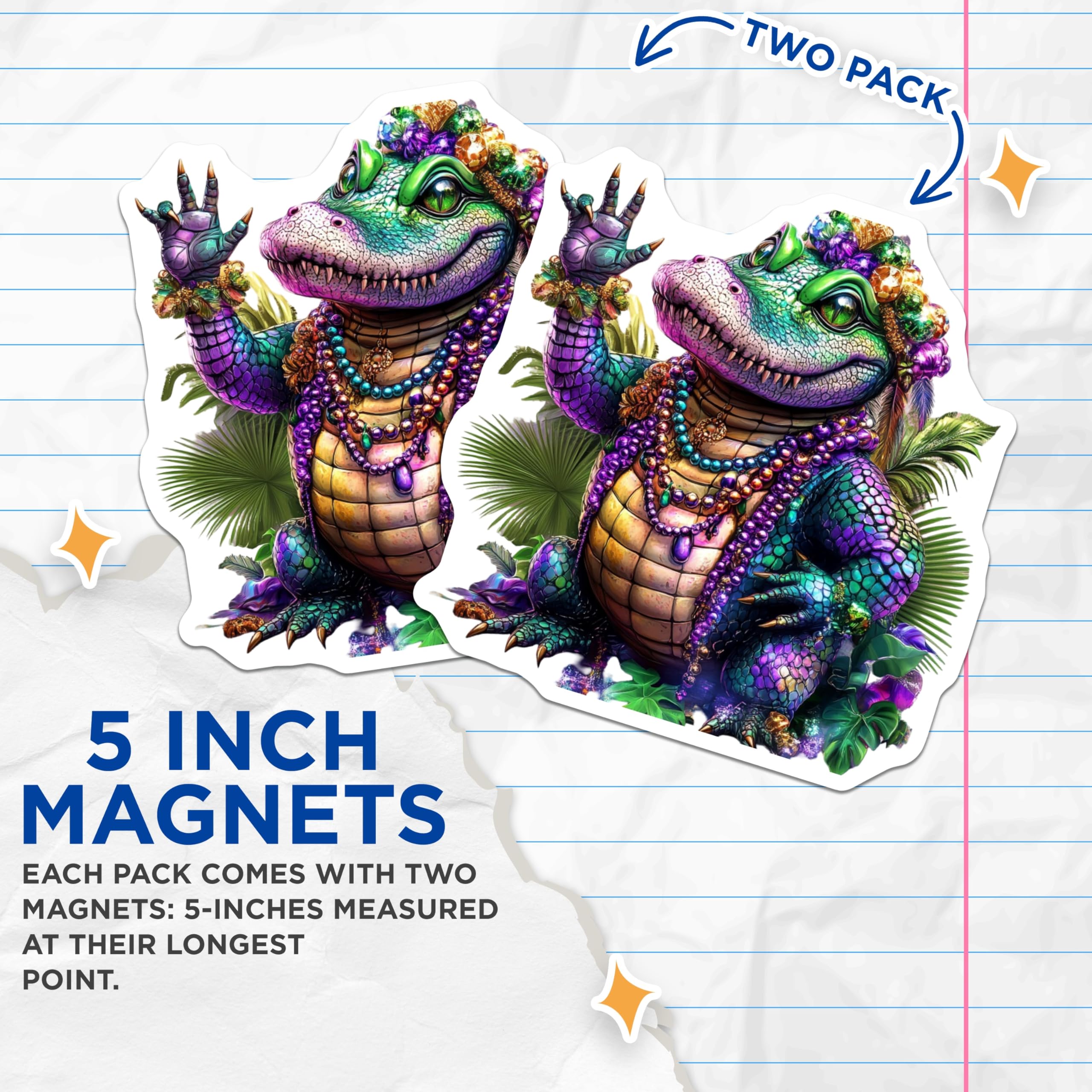 (2 Pack) Mardi Gras Gator Magnets - Alligator Celebration Fridge Magnets - Party Decoration - 5" On Longest Side - Premium Magnet - for Cars, Refrigerators, Toolboxes, Lockers - Made in USA - MAG15975