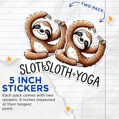 (2 Pack) Sloth Yoga Stickers - Cute Animal Yoga Stickers - Relaxing Sloth Decals for Laptop and Water Bottle - 5" On Longest Side - Sticks to Any Smooth Flat Surface - Made in USA - BMCS2734