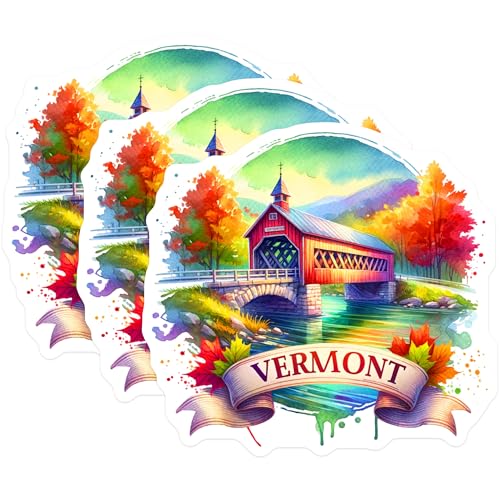 (3 Pack) Vermont Decals - Covered Bridge Art - Autumn Leaves Sticker- 3 Inches On Longest Side - Easy Peel & Apply - Made in USA - 3MCS5778