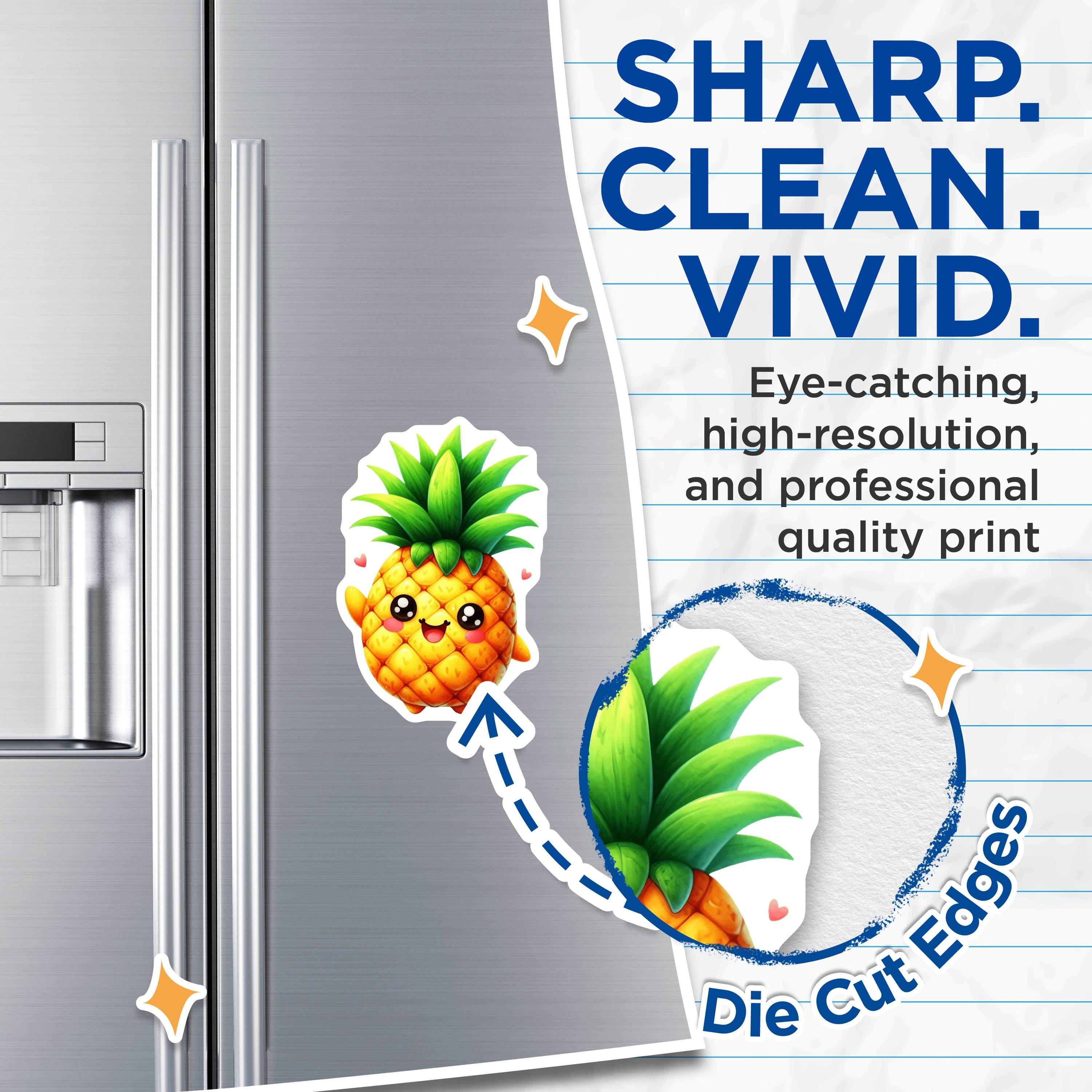 (2 Pack) Kawaii Pineapple Magnets - Cute Tropical Fruit Decor - Happy Kitchen Locker Accessories - 5 Inches On Longest Side - Thick Durable Magnet - Made in USA - MAG36535