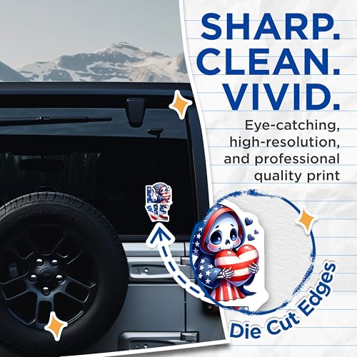 (2 Pack) Love Skeletal Grim Reaper Stickers - Patriotic Grim Reaper Decal - American Flag - Fun Skeleton Art - 5" On Longest Side - Sticks to Smooth Flat Surfaces - Made in USA - BMCS7916