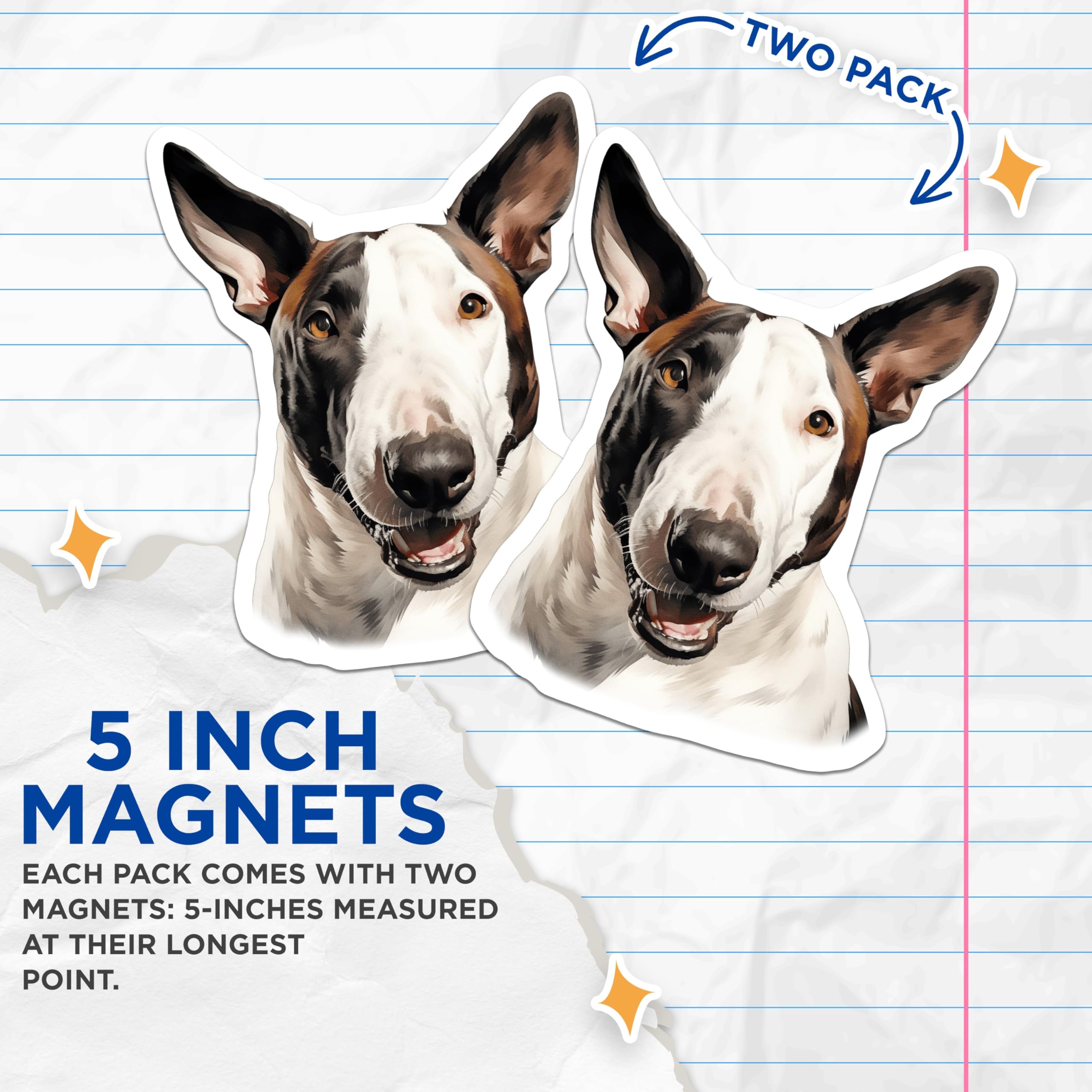 (2 Pack) Bull Terrier Magnets - Dog Lover Fridge Decor - Pet Parent Appreciation - Animal Portrait - 5 Inches On Longest Side - Thick Durable Magnet - Made in USA - MAG26227