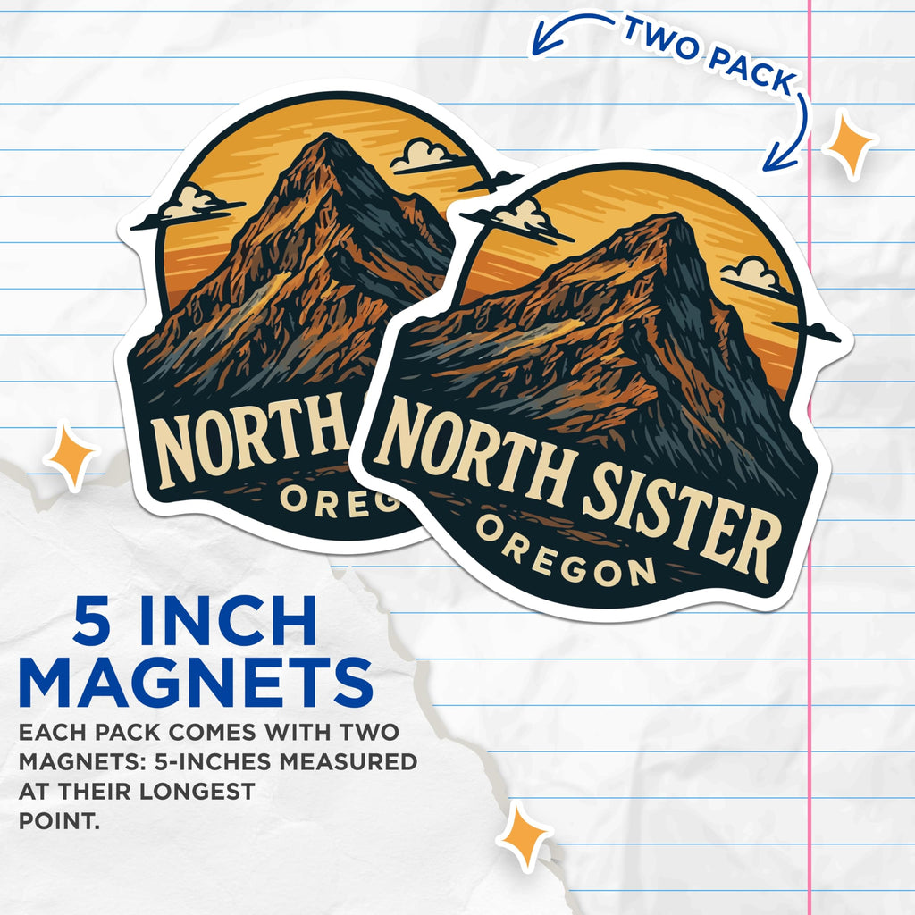 (2 Pack) North Sister Oregon Magnets - Mountain Landscape Decor - Pacific Northwest Souvenir - 5 Inches On Longest Side - Thick Durable Magnet - Made in USA - MAG19713