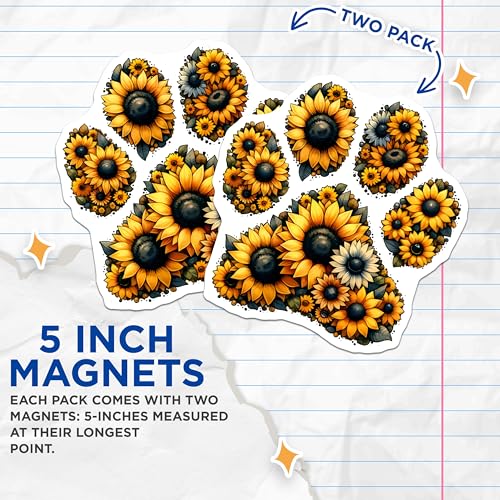 (2 Pack) Sunflower Paw Print Magnets - Flower Paw Print Decor - Pet Lover Accessories - 5" On Longest Side - for Cars, Fridges, Toolboxes - Made in USA - MAG7977