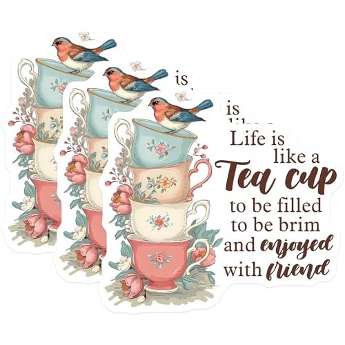 (3 Pack) Tea Cup Decals - Floral Bird Decor - Inspirational Quote Sticker - 3 Inches On Longest Side - Easy Peel & Apply - Made in USA - 3MCS2505