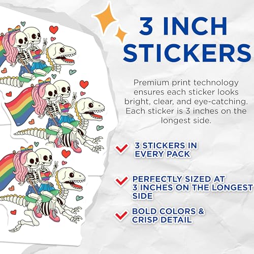 (3 Pack) Skeleton Pride Decals - Dinosaur Ride - LGBTQ Stickers- 3 Inches On Longest Side - Easy Peel & Apply - Made in USA - 3MCS5899