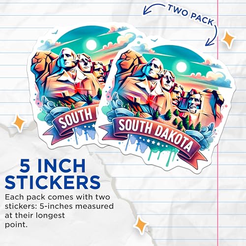(2 Pack) South Dakota Stickers - USA Landmark - Beautiful State Art - 5" On Longest Side - Sticks to Smooth Flat Surfaces - Made in USA - BMCS6836