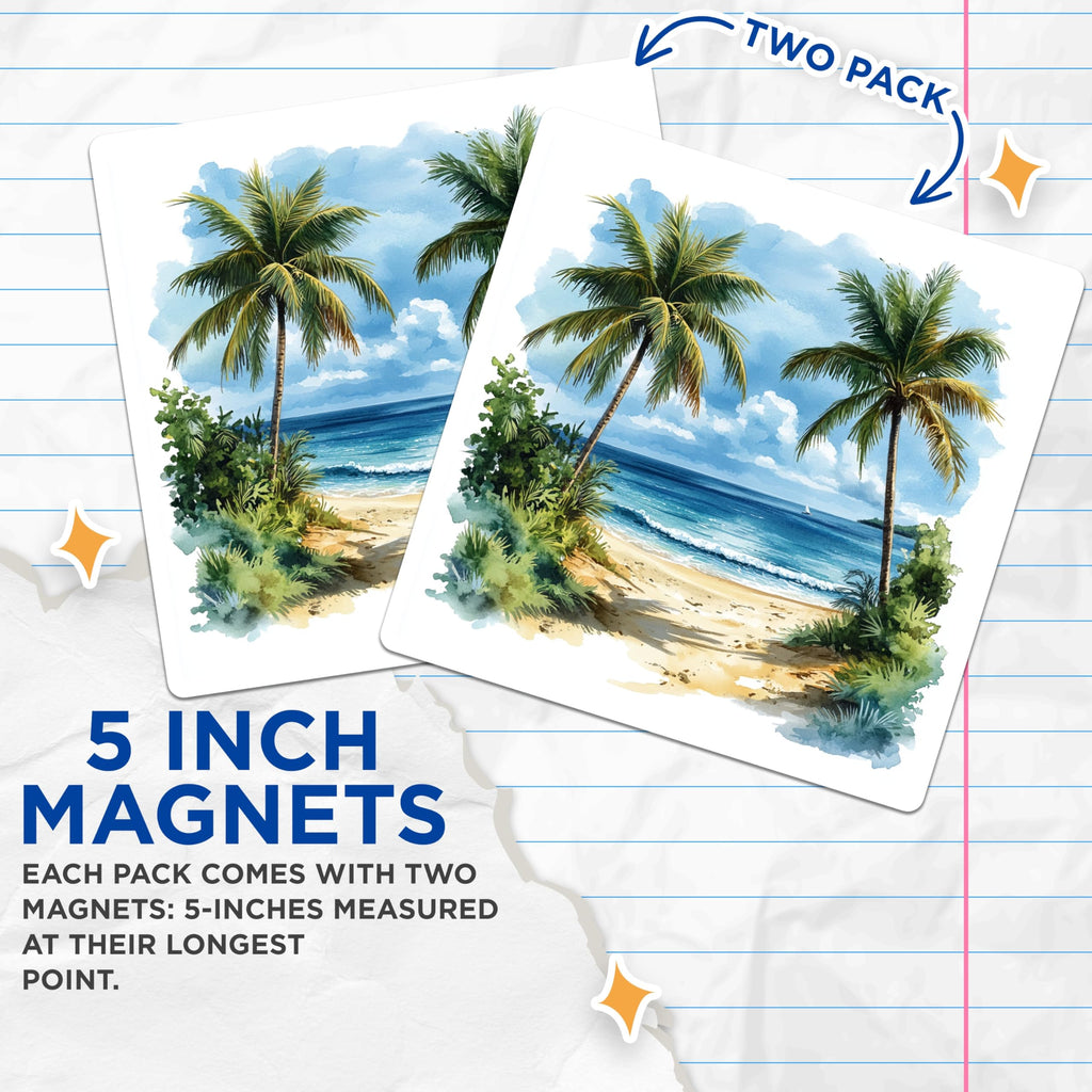 (2 Pack) Tropical Beach Magnets - Watercolor Palm Tree Scene - Coastal Home Decor - Ocean View Art - 5 Inches On Longest Side - Thick Durable Magnet - Made in USA - MAG27774