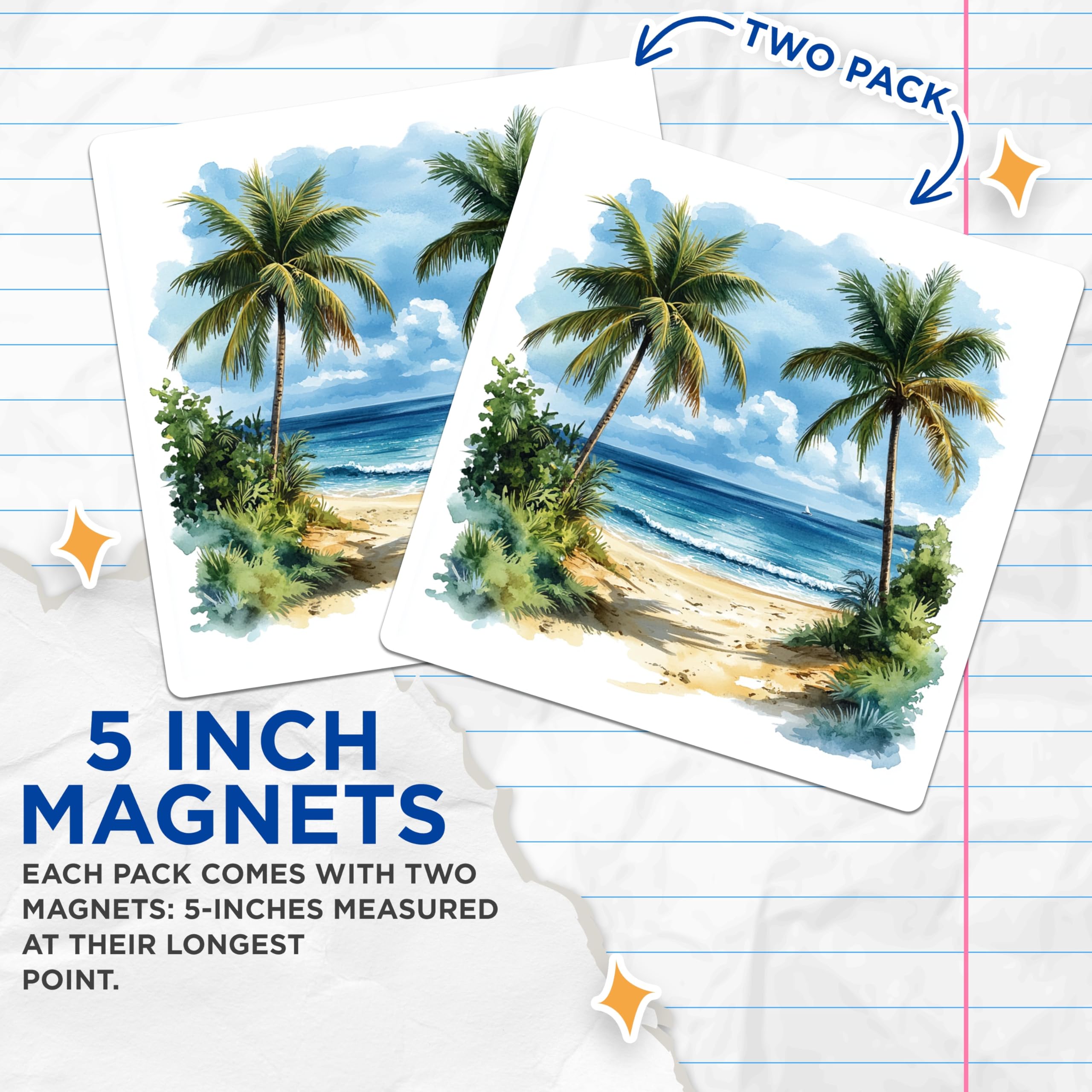 (2 Pack) Tropical Beach Magnets - Watercolor Palm Tree Scene - Coastal Home Decor - Ocean View Art - 5 Inches On Longest Side - Thick Durable Magnet - Made in USA - MAG27774