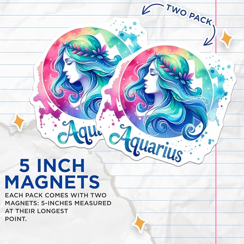 (2 Pack) Aquarius Magnets - Zodiac Sign Decor - Astrology Wall Art Magnets - 5" On Longest Side - for Cars, Fridges, Toolboxes - Made in USA - MAG7015