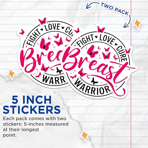 (2 Pack) Breast Cancer Awareness Stickers - Fight Love Cure Warrior - Breast Cancer Support - 5" On Longest Side - Sticks to Smooth Flat Surfaces - Made in USA - BMCS3688