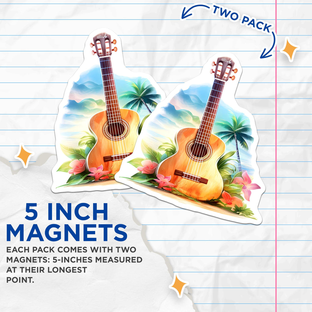 (2 Pack) Ukulele Magnets - Tropical Island Scene - Hawaiian Music Decor - Beach Vibe Art - 5 Inches On Longest Side - Thick Durable Magnet - Made in USA - MAG20271