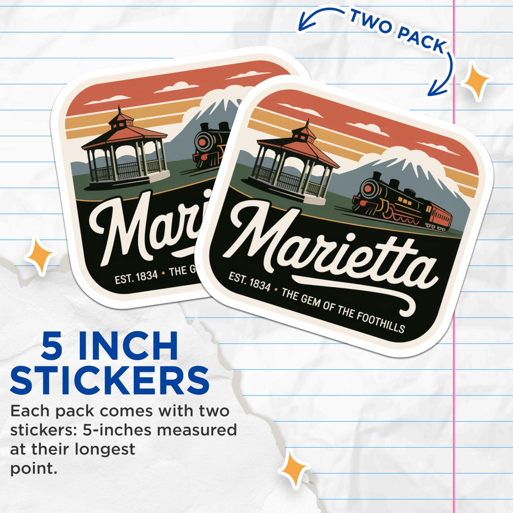 (2 Pack) Marietta Georgia Stickers - Travel Decals - Foothills Gem Souvenir - 5" On Longest Side - Sticks to Smooth Flat Surfaces - Made in USA - BMCS17267