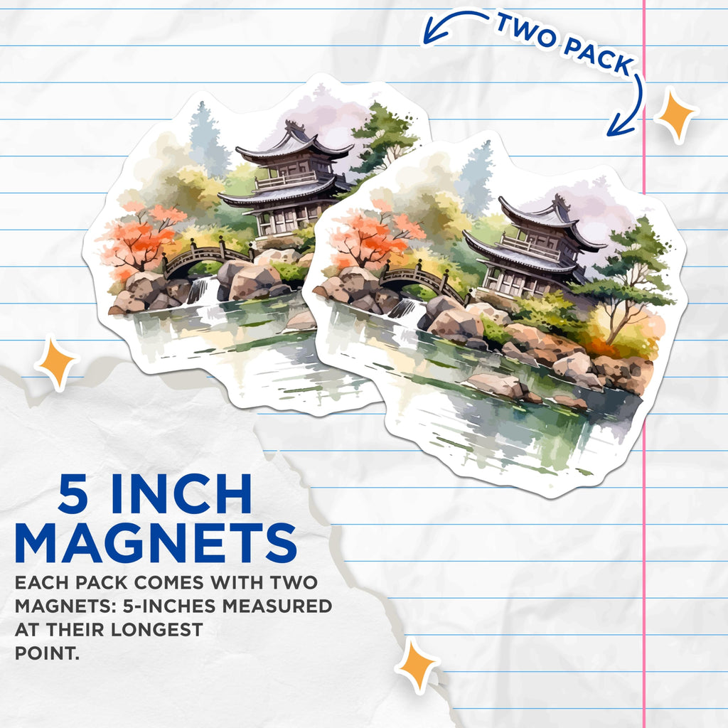 (2 Pack) Japanese Garden Magnets - Zen Landscape Art - Pagoda Bridge Waterfall Scenic View - Asian Culture Nature Decor - 5 Inches On Longest Side - Thick Durable Magnet - Made in USA - MAG19501