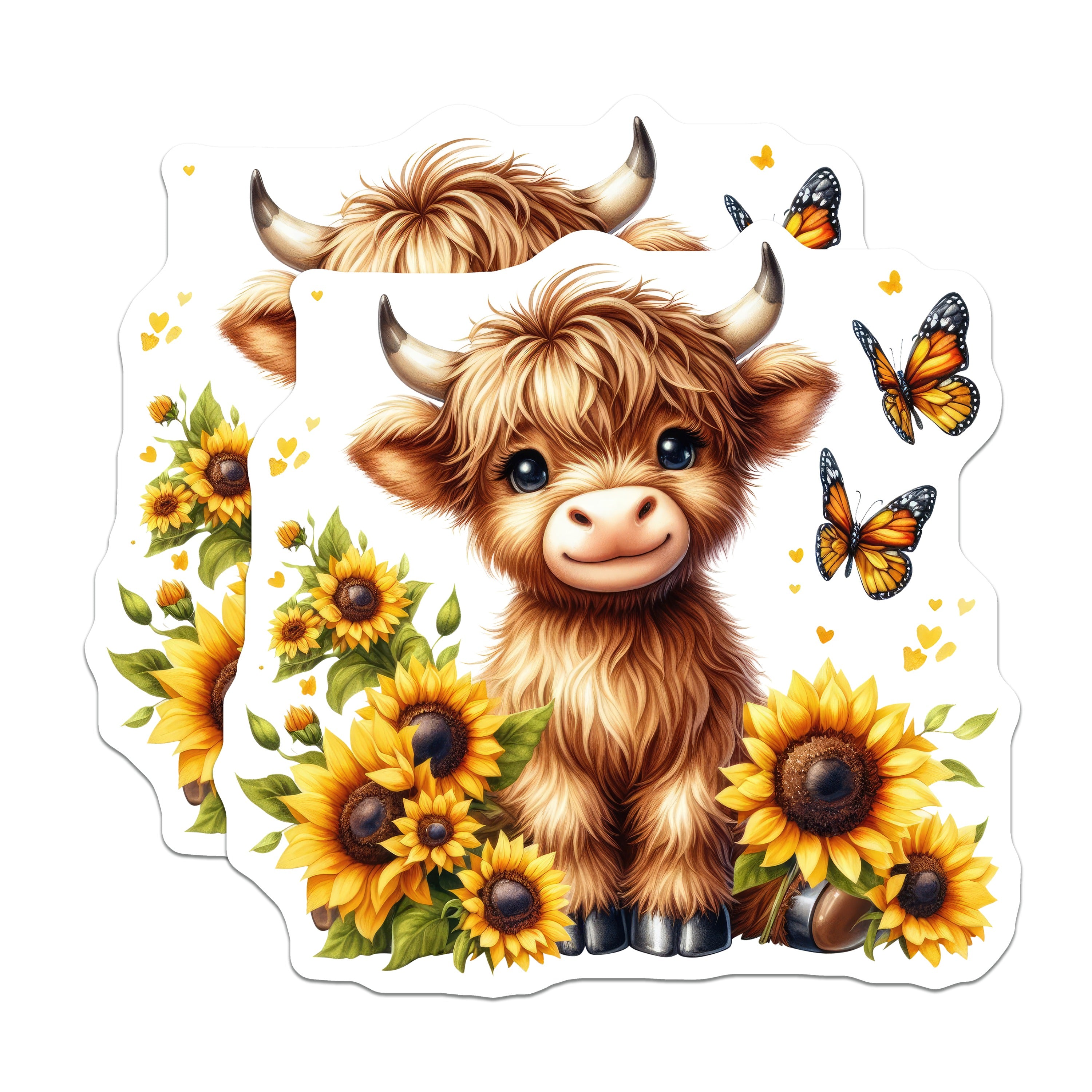 (2 Pack) Cute Highland Cow Magnets - Fluffy Calf Sunflowers - Farmhouse Decor Animal Art - 5 Inches On Longest Side - Thick Durable Magnet - Made in USA - MAG38237