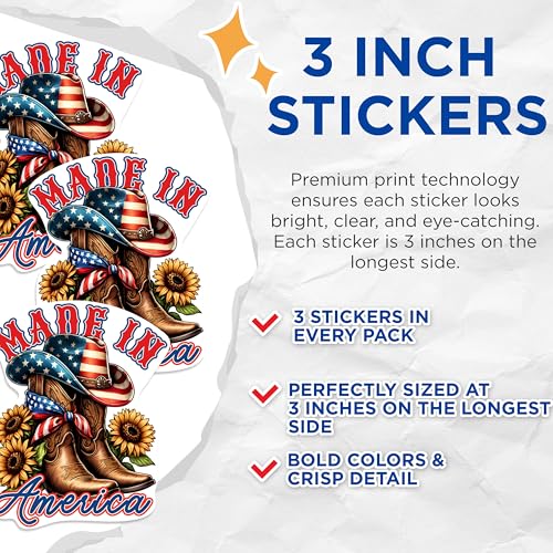 (3 Pack) American Cowboy Decals - Patriotic Boots - Sunflower Decals - 3 Inches On Longest Side - Easy Peel & Apply - Made in USA - 3MCS1008