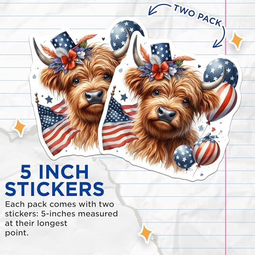(2 Pack) Cute Highland Cow Stickers - Patriotic Highland Cow - Animal Lover Stickers - Fun Decorative Stickers - 5" On Longest Side - Sticks to Smooth Flat Surfaces - Made in USA - BMCS6331