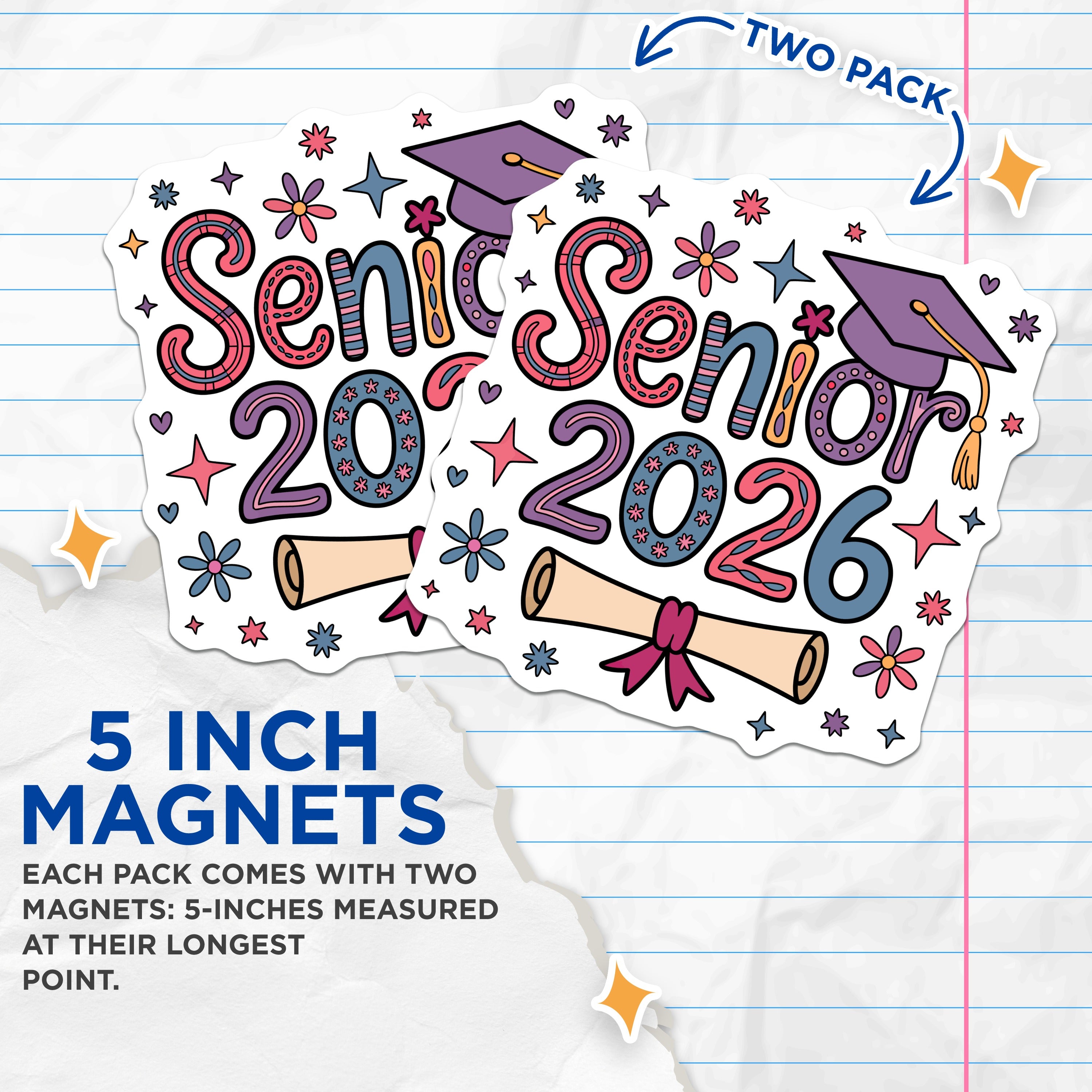 (2 Pack) Senior 2026 Graduation Magnets - Class of 2026 Graduate Decor - High School College Senior - Groovy Grad Magnets - 5 Inches On Longest Side - Thick Durable Magnet - Made in USA - MAG38914
