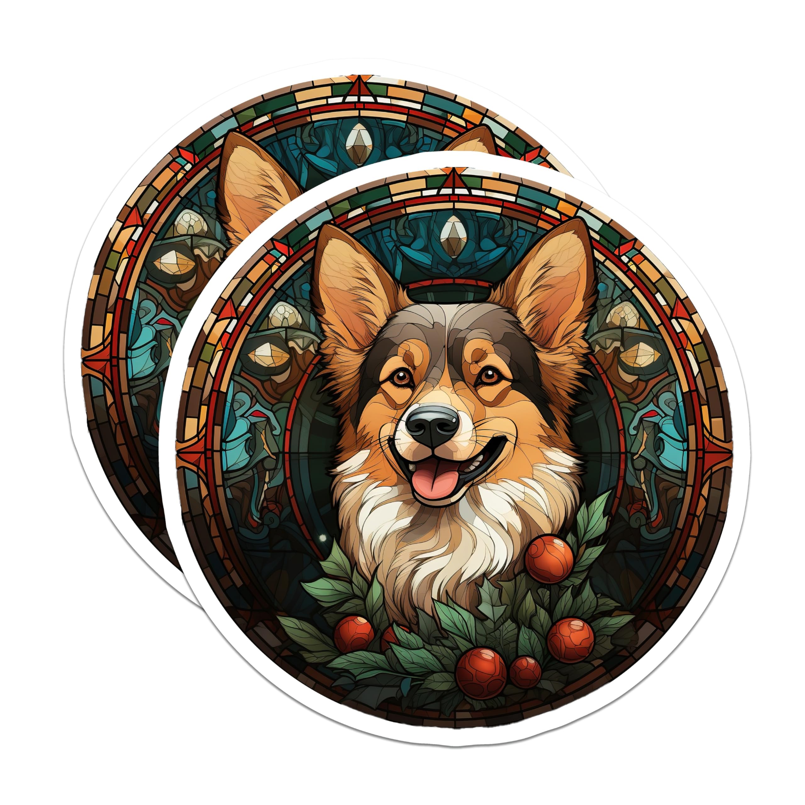 (2 Pack) Corgi Stained Glass Magnets - Christmas Dog Decor - Pet Lover Refrigerator Art - 5 Inches On Longest Side - Thick Durable Magnet - Made in USA - MAG26751
