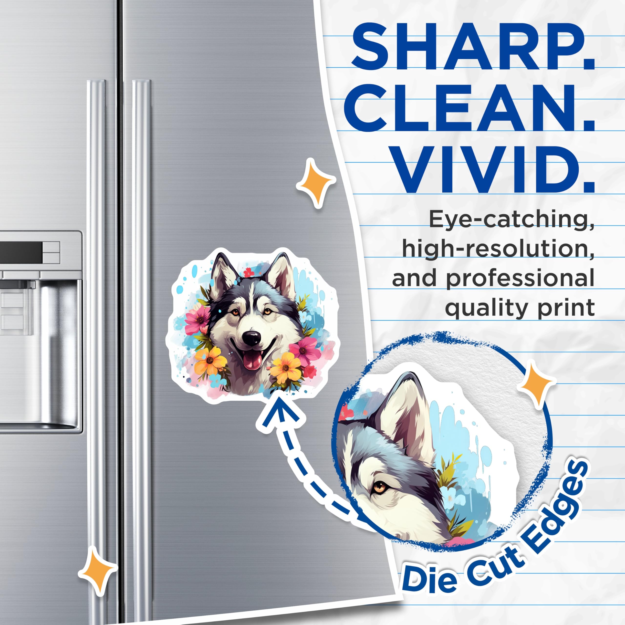 (2 Pack) Siberian Husky Magnets - Floral Dog Art - Happy Pet Lover Decor - 5 Inches On Longest Side - Thick Durable Magnet - Made in USA - MAG24572