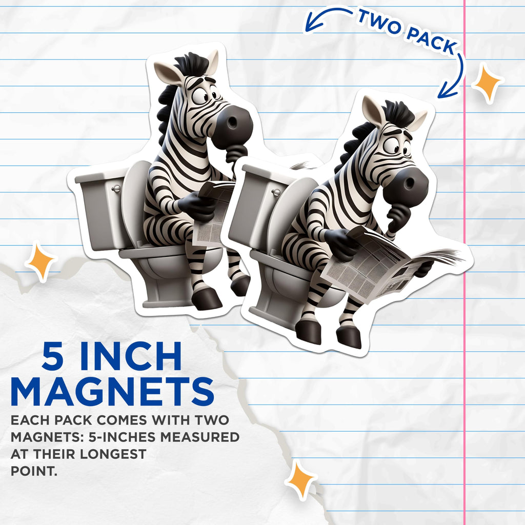 (2 Pack) Zebra On Toilet Magnets - Reading Newspaper - Funny Animal Fridge Decor - 5" On Longest Side - Premium Magnet - for Cars, Refrigerators, Toolboxes, Lockers - Made in USA - MAG14219