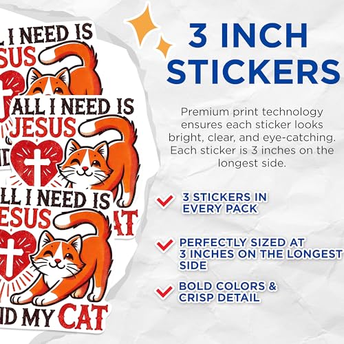(3 Pack) Jesus and My Cat Decals - Christian Cat Lover - Religious Laptop Decal - 3 Inches On Longest Side - Easy Peel & Apply - Made in USA - 3MCS0964