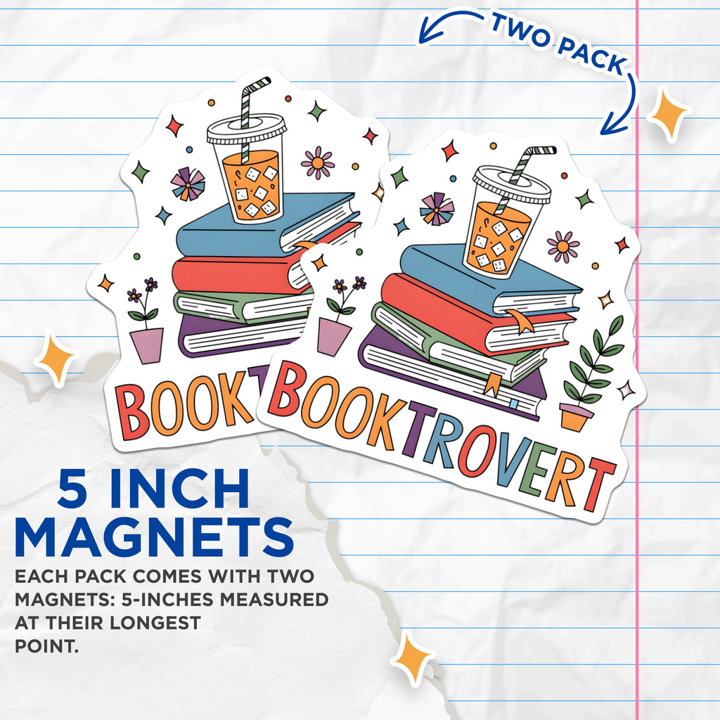 (2 Pack) Booktrovert Magnets - Cozy Book Lover Decor - Introvert Reader Fridge Accents - Literary Academic Student Gift - 5 Inches On Longest Side - Thick Durable Magnet - Made in USA - MAG36498
