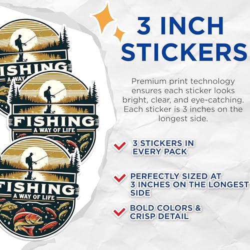 (3 Pack) Fishing Decals - Fisherman Lifestyle - Laptop Decal - 3 Inches On Longest Side - Easy Peel & Apply - Made in USA - 3MCS1469