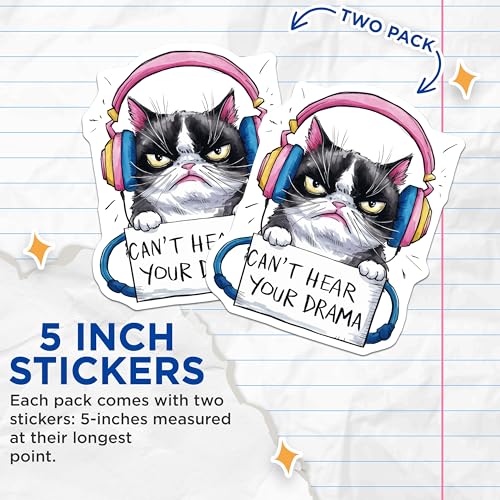 (2 Pack) Grumpy Cat Stickers - Funny Cat Sticker - Can't Hear Your Drama Sticker - 5" On Longest Side - Sticks to Smooth Flat Surfaces - Made in USA - BMCS8626
