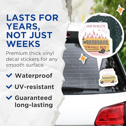 (2 Pack) Hop in Bestie Struggle Bus Stickers - Funny Motivational Stickers - Humorous Life Struggles Stickers - 5" On Longest Side - Sticks to Smooth Flat Surfaces - Made in USA - BMCS5777