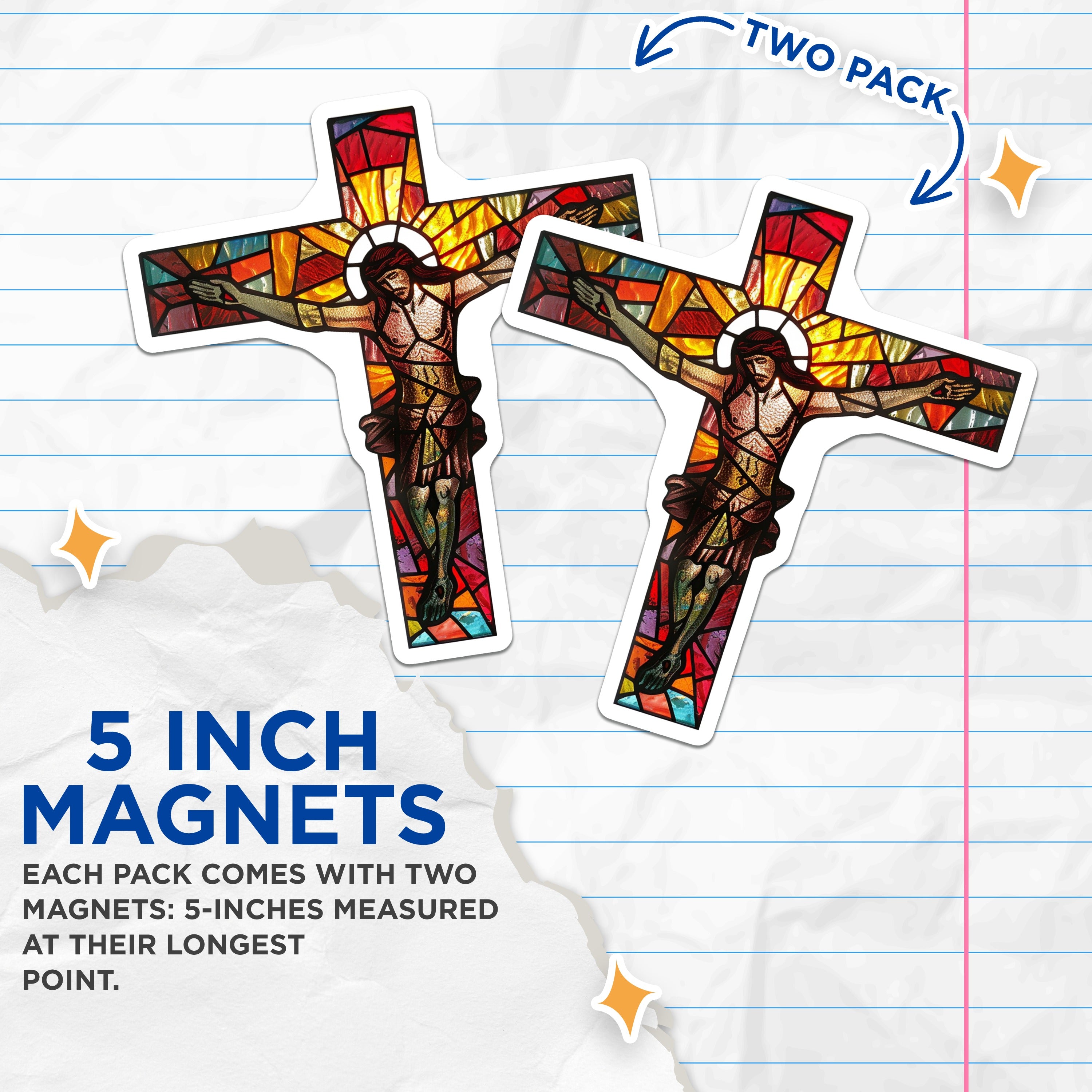 (2 Pack) Stained Glass Jesus Cross Magnets - Christian Crucifixion Art Display - Religious Devotional Home Decor - 5 Inches On Longest Side - Thick Durable Magnet - Made in USA - MAG39694