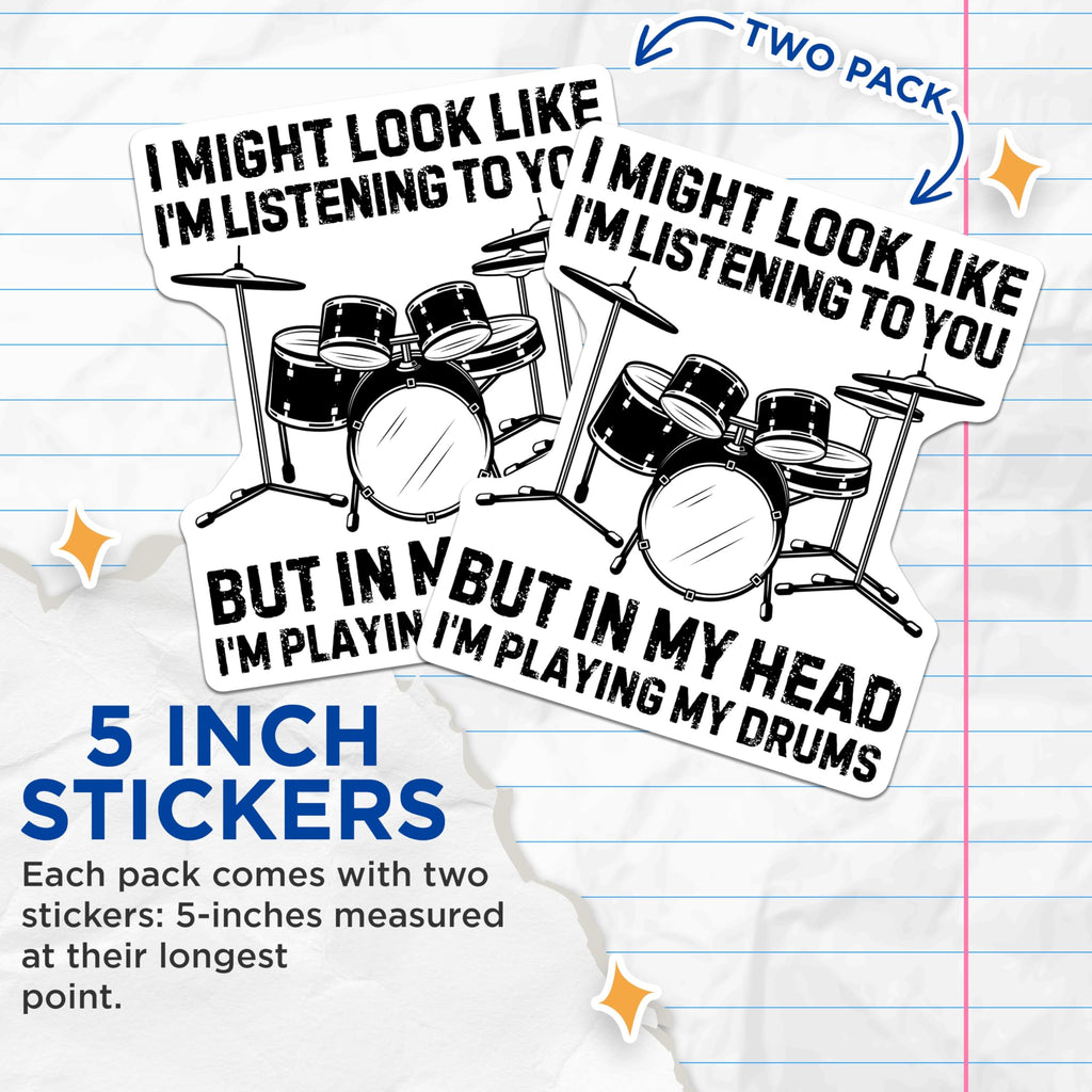 (2 Pack) Drum Set Stickers - Music Lover Stickers - Funny Band Stickers for Drummers - 5" On Longest Side - Sticks to Smooth Flat Surfaces - Made in USA - BMCS3689