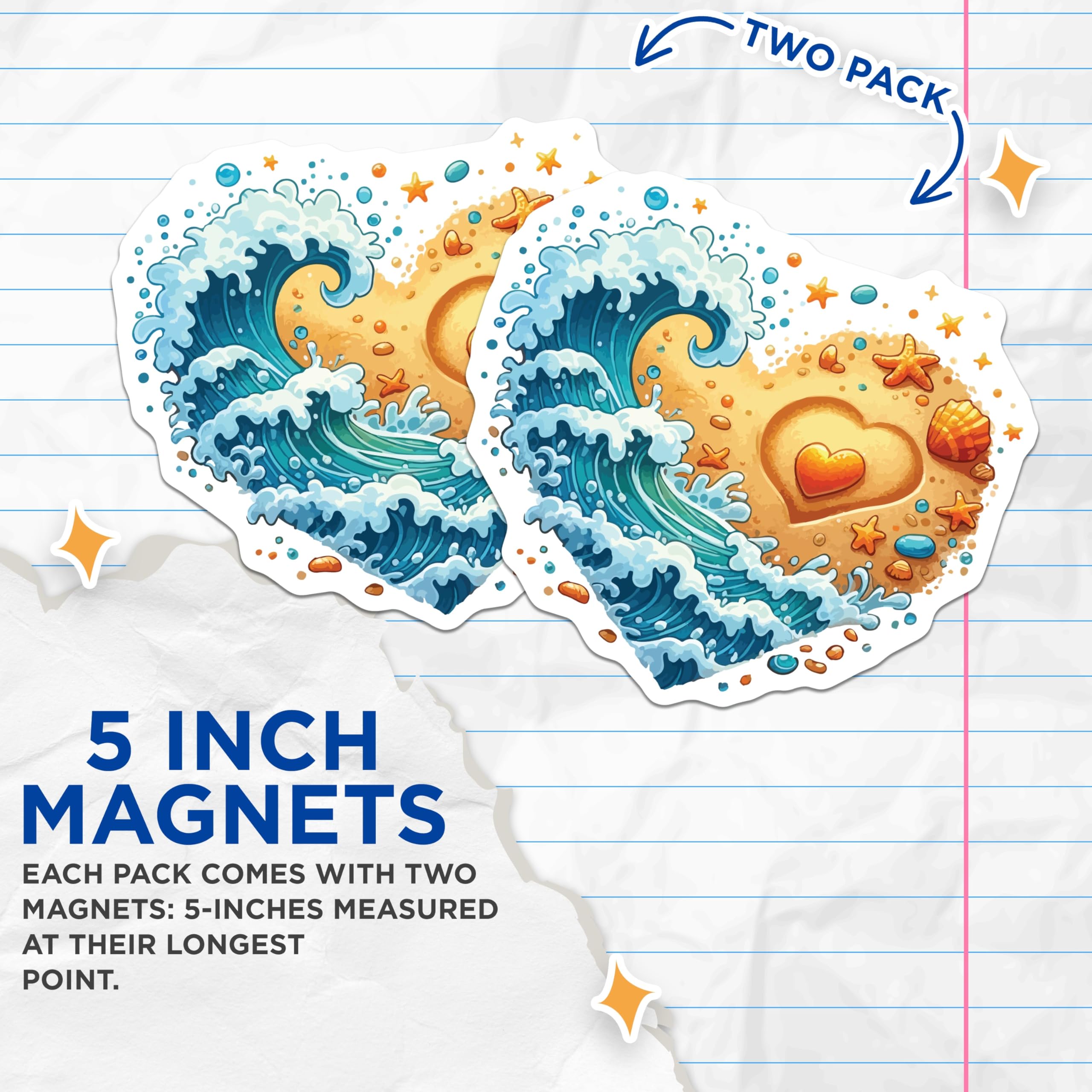 (2 Pack) Ocean Beach Heart Magnets - Waves Starfish Seashell Fridge Decor - Summer Coastal Love Kitchen Magnets - 5 Inches On Longest Side - Thick Durable Magnet - Made in USA - MAG19824