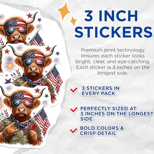 (3 Pack) Patriotic Cow Decals - Highland Cattle - American Flag Decorations- 3 Inches On Longest Side - Easy Peel & Apply - Made in USA - 3MCS5122