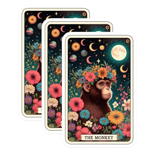 (3 Pack) Monkey Tarot Card Decals - Floral Crown Ape Stickers - Bohemian Laptop Decor - 3 Inches On Longest Side - Easy Peel & Apply - Made in USA - 3MCS4224