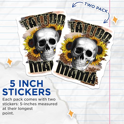 (2 Pack) Tattoo Mama Stickers - Skull and Sunflowers - Bold Tattoo Design - 5" On Longest Side - Sticks to Smooth Flat Surfaces - Made in USA - BMCS5687