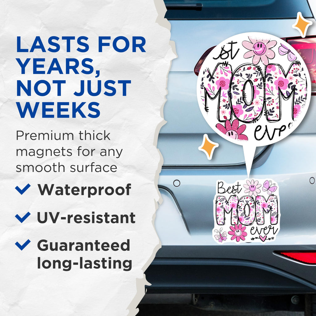(2 Pack) Best Mom Ever Magnets - Floral Mother Appreciation - Butterfly Flower Design - Refrigerator Decor - Mom Love - 5 Inches On Longest Side - Thick Durable Magnet - Made in USA - MAG21727